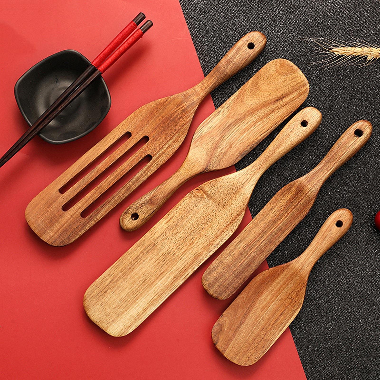 Bộ 5 Không Dính Gỗ Bộ Nồi Có Rãnh Spurtle Thìa Đũa Bếp Khuấy Đồ Dùng Tự Nhiên Gỗ Tếch Chống Dụng Cụ Nấu Ăn