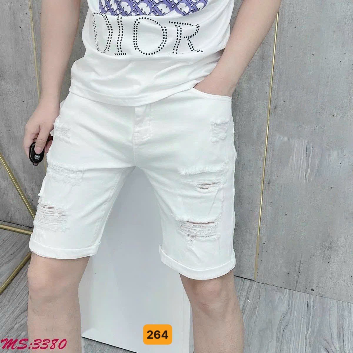 Quần short jean nam, quần bò lửng nam màu trắng phối họa tiết rách KG264