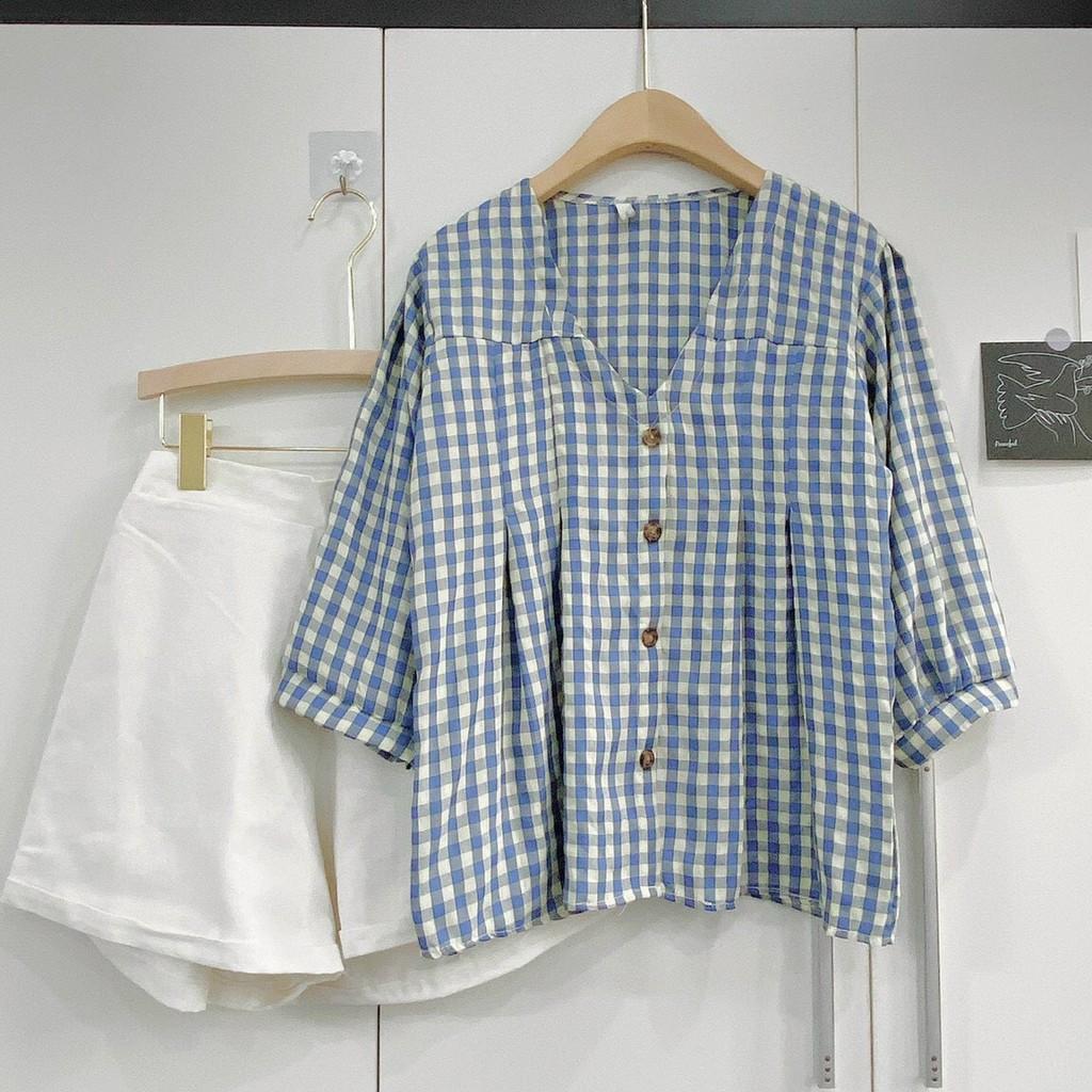 Sét Áo Peplum Caro Xanh Và Quần Short Trắng Áo Kẻ Caro Tay Lỡ Bồng Cổ Chữ V LANI SHOP