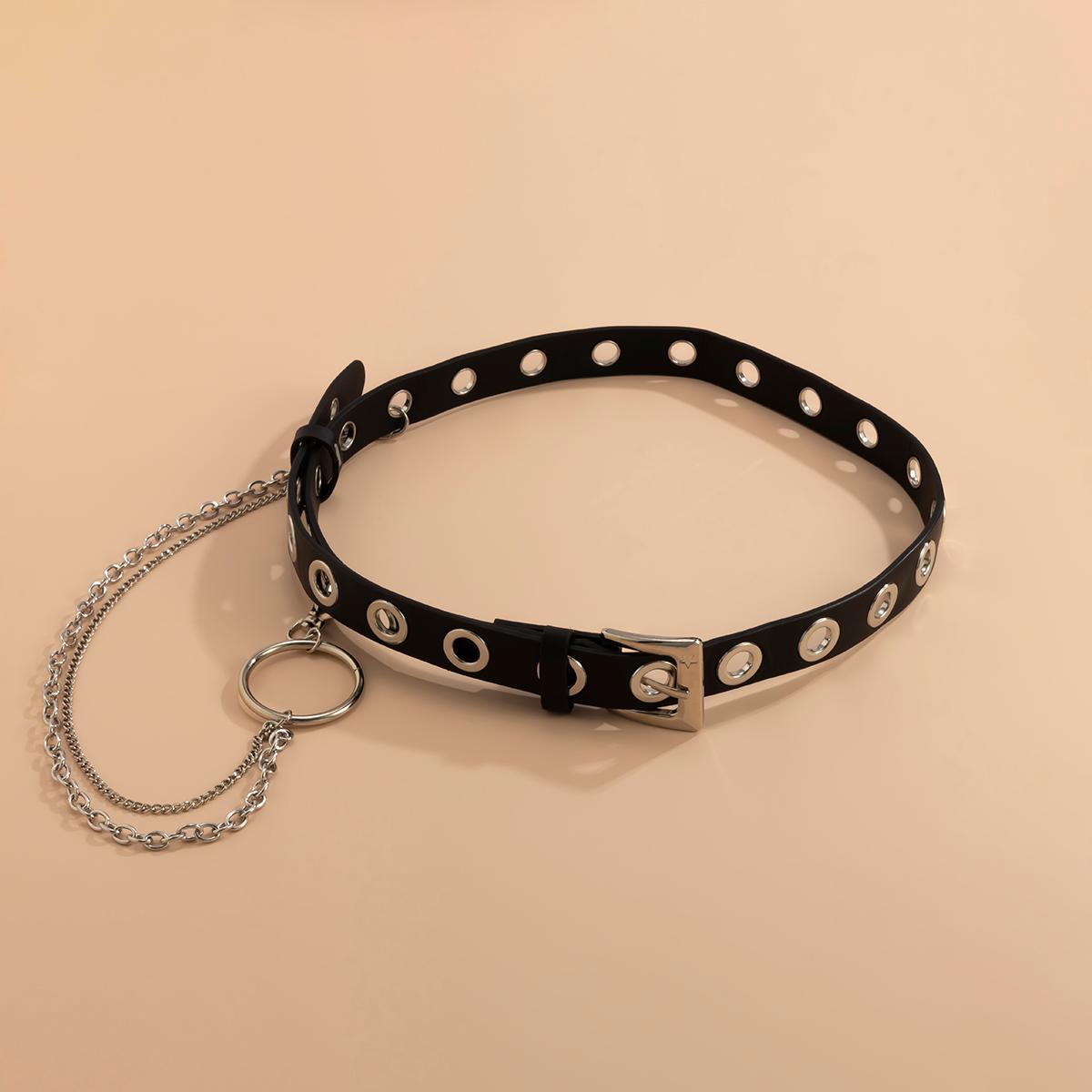 SHIXIN Punk PU Đen Với Dây Chuyền Vòng Vòng Dây Lưng Nữ Thời Trang Thắt Lưng Nữ Eo Dây Chuyền Trên Quần Jean phụ Kiện 2021