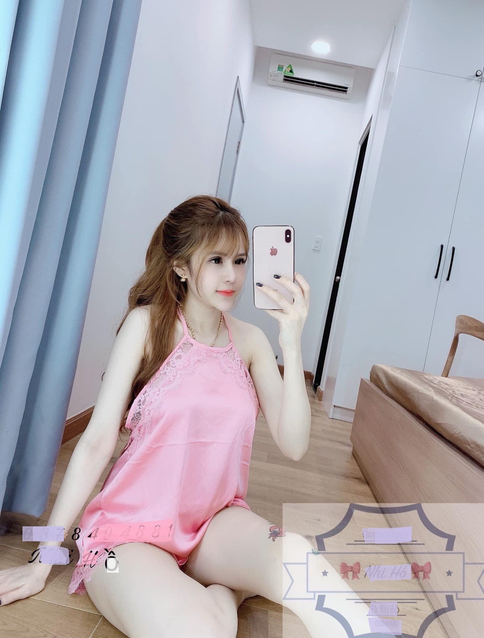 Bộ bộ mặc nhà tiểu thư chất satin phối ren dễ thương+ Ảnh thật