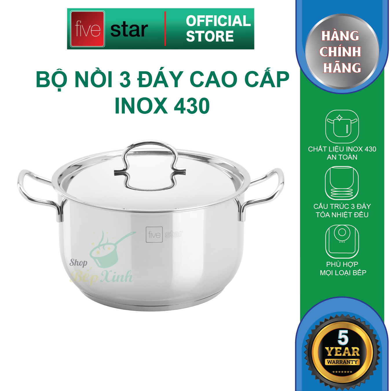 Nồi Luộc Gà Nắp Inox Fivestar Tặng 5 Muỗng Ăn - Bạc