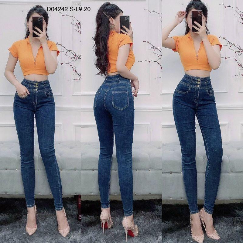 Quần jeans nữ lưng cao 3 nút chất jeans giấy cao cấp - D0424