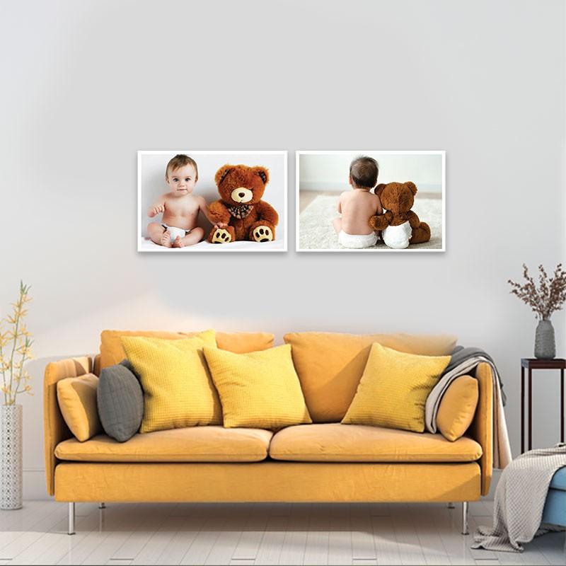 Bộ 2 tranh treo tường em bé và người bạn gấu bông đáng yêu | Tranh trẻ em W3092