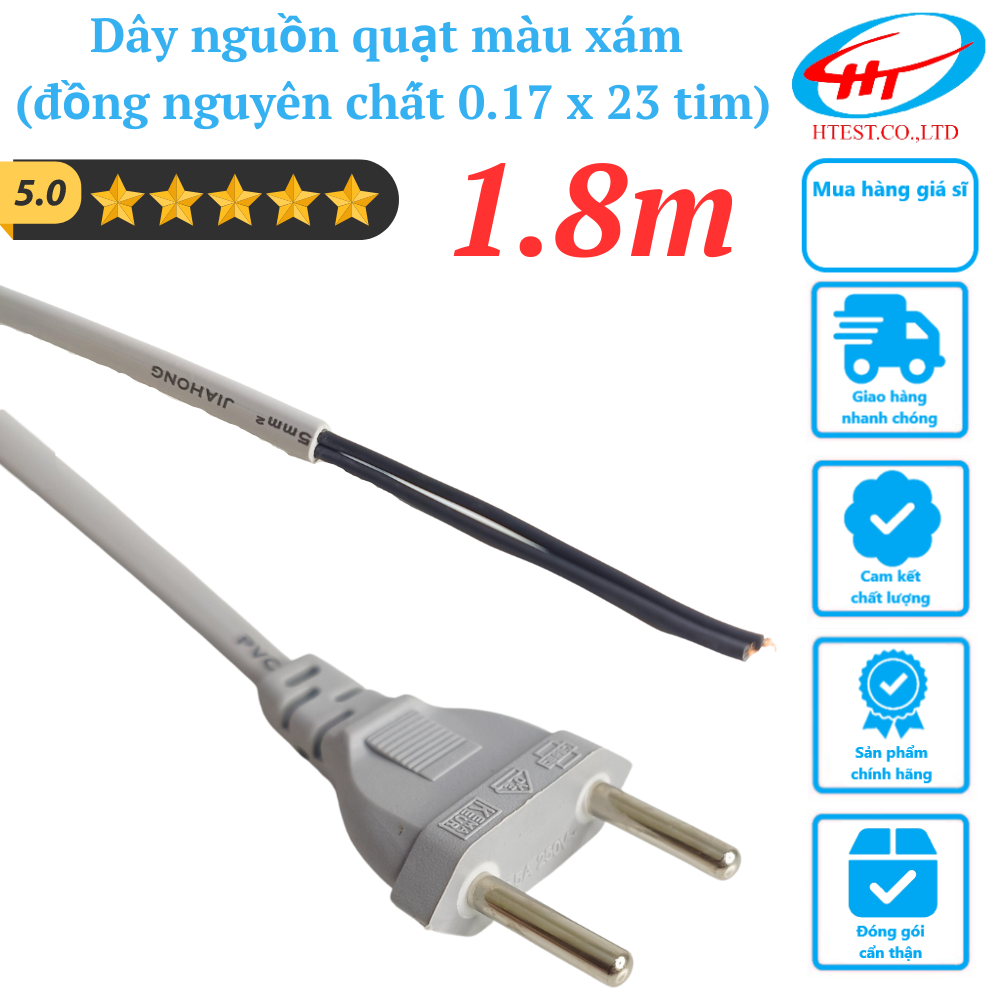 Dây nguồn quạt 1.8M, màu xám (đồng nguyên chất 0.17 x 23 tim)