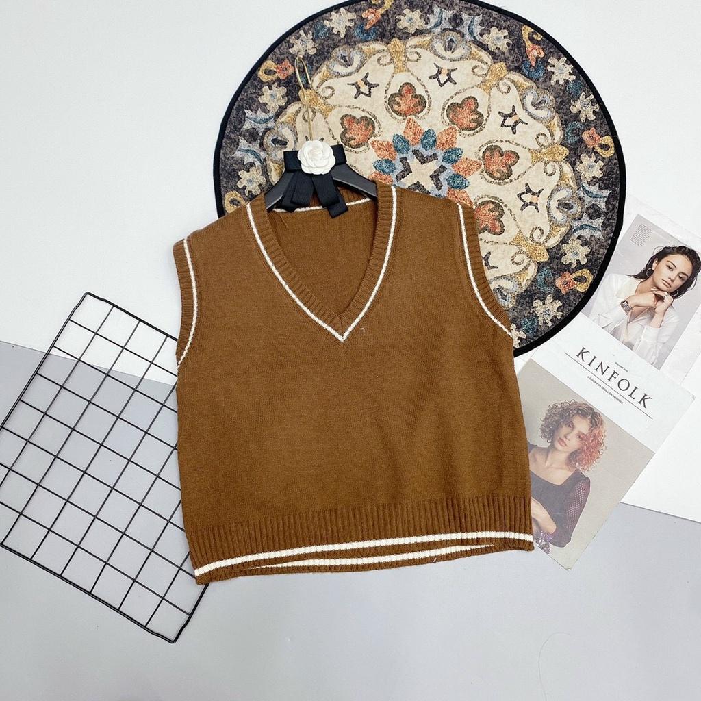 Áo gile len trơn viền phối nhiều kiểu vintage
