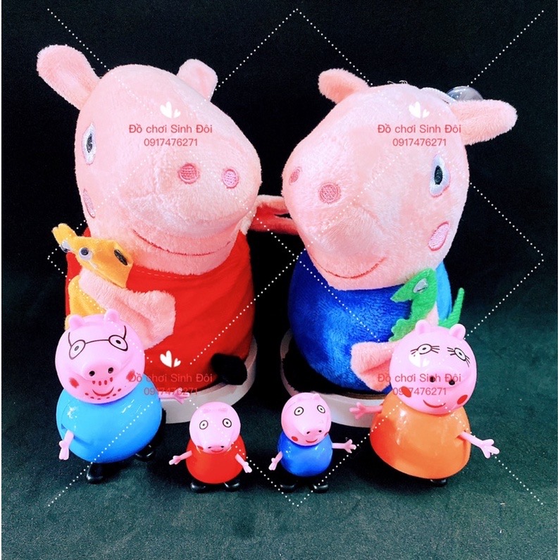 Bộ 5 con heo Peppa - 2 con thú bông đỏ xanh và 4 mô hình nhựa