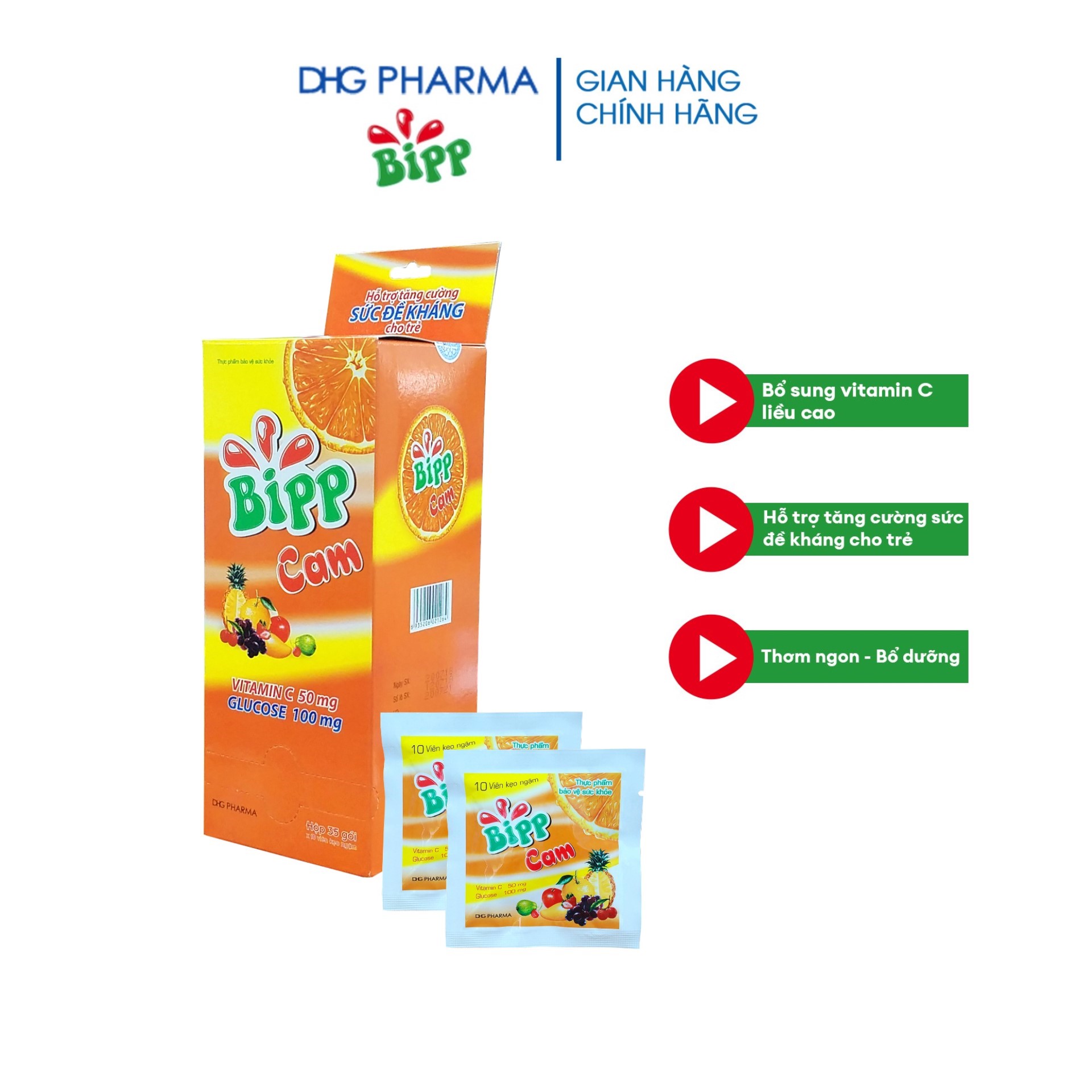 Kẹo ngậm BIPP Cam bổ sung vitamin C cho cơ thể, hỗ trợ tăng cường sức đề kháng, bảo vệ thành mạch Hộp 35 gói x 10 viên - Chính hãng DHG Pharma