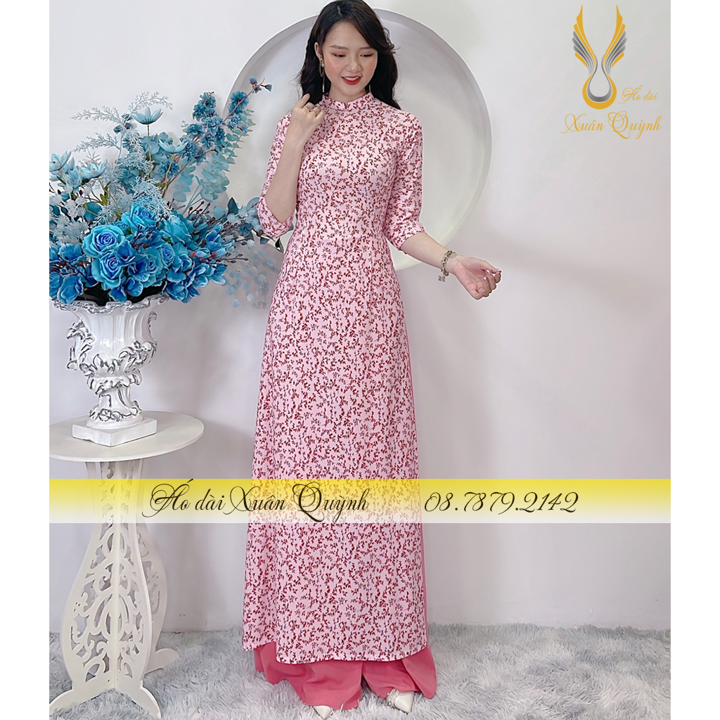Áo Dài Hoa Nhí Hồng Trẻ Trung, Thanh Lịch, Duyên Dáng Lụa Habutai Cao Cấp K62