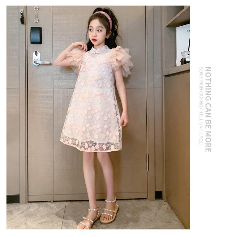 SHUANGYAN Đầm sườn xám cho bé gái Trang phục mùa hè 2023 Phong cách phương Tây Thời trang Hanbok váy công chúa cho bé gái váy mùa hè