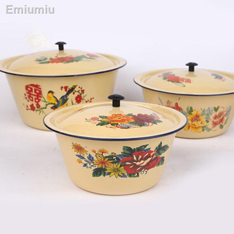 ✼♙Bát canh kiểu cổ tráng men chịu nhiệt Nắp nồi lớn có nắp Bát tráng men gia dụng dung tích lớn