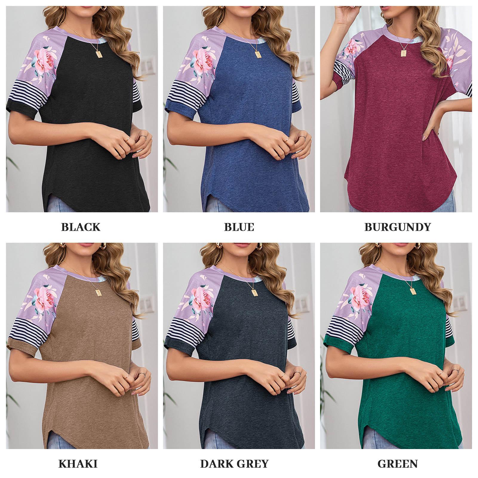 Women O-Neck Shirt Raglan Short Sleeve Splicing Floral Stripes Print Loose Fit Pullover Casual Summer Tops