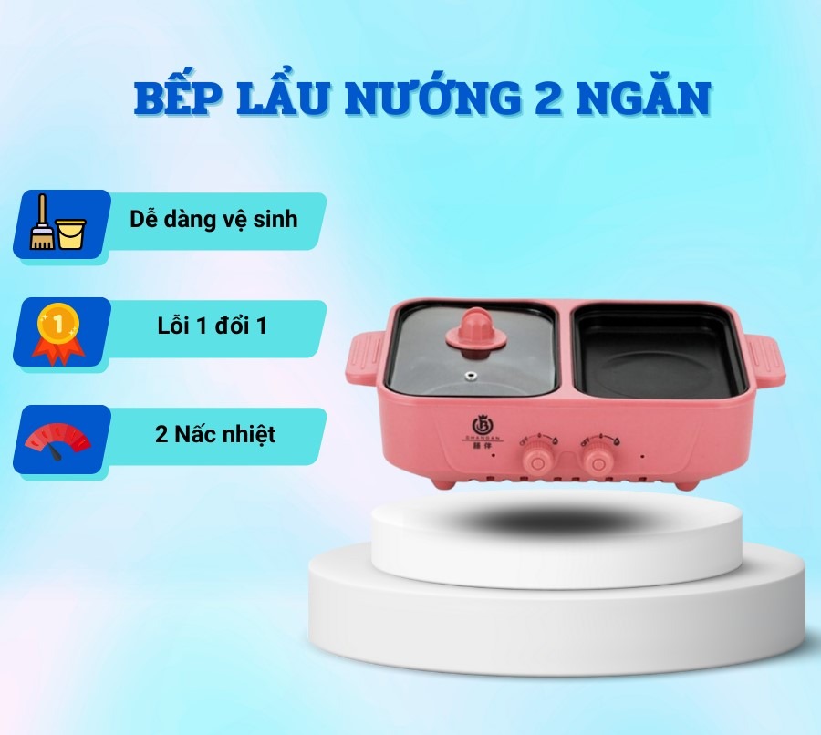 Bếp lẩu nướng 2 ngăn Hàn Quốc, Nồi lẩu 2 in 1 siêu chống dính công suất cao siêu bền và tiện lợi - Hàng Chính Hãng