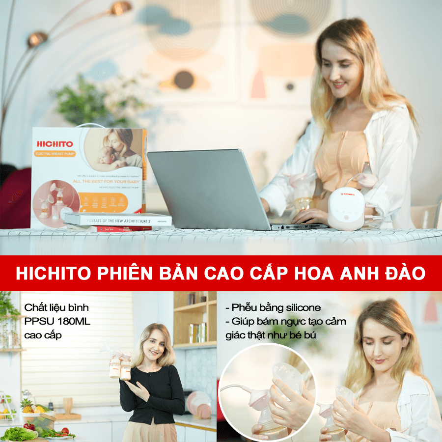 Máy hút sữa hichito phiên bản hoa anh đào phễu silicone, bình PPSU 180ml, có massage/kích thích (5 cấp) hút chuyên sâu 9 cấp tích pin sạc 2000mAh