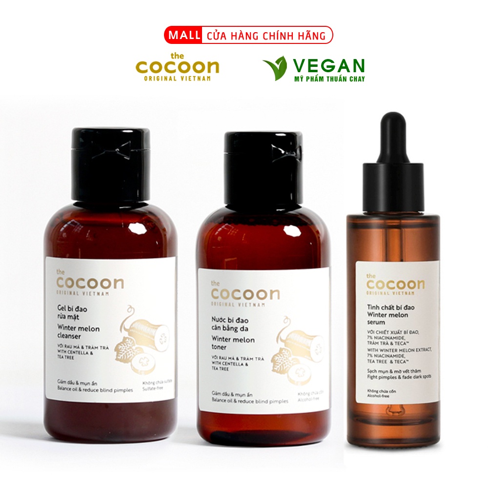 Bộ 3 chăm sóc da mụn: Gel rửa mặt bí đao 140ml + Toner bí đao 140ml + Tinh chất bí đao cocoon 70ml