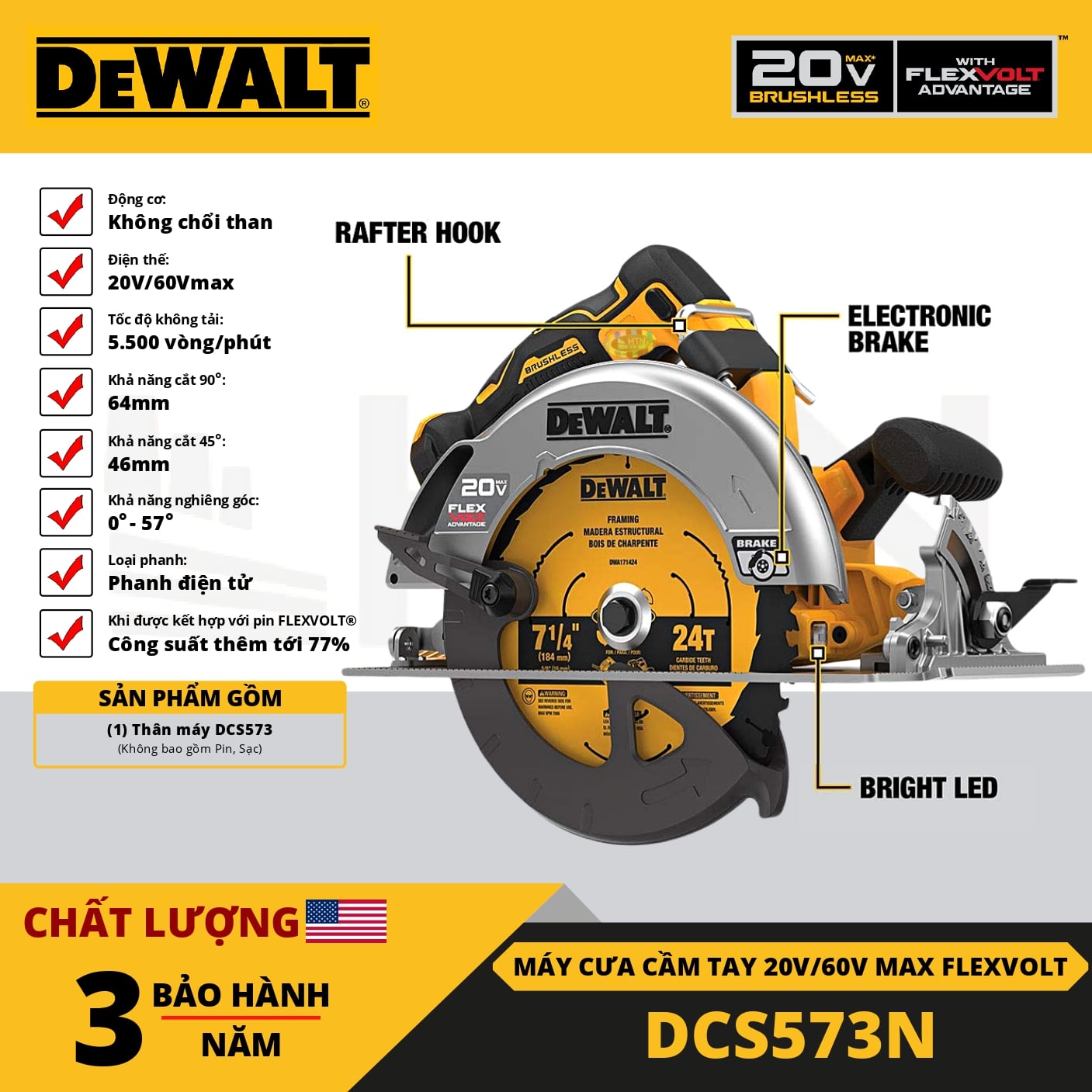 MÁY CƯA CẦM TAY 184mm 20V/60V MAX FLEXVOLT DEWALT DCS573N - Chính Hãng