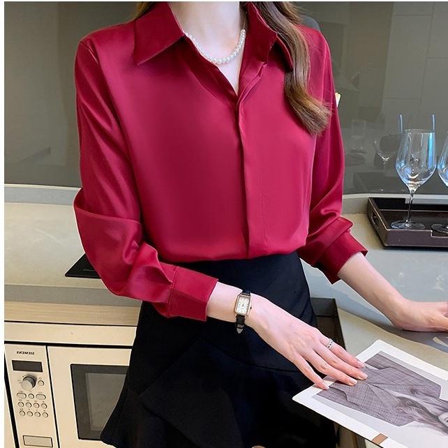 Áo Sơ Mi Nữ Công Sở Màu Đỏ Đô Cổ Đức CHIPY Kiểu Hàn Quốc Vintage Ulzzang Form Rộng Dài Tay Đẹp Chất Lụa Cao Cấp A2D