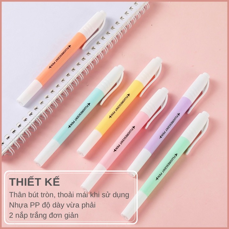 Set 6 bút highlight dạ quang đánh dấu dòng Pastel 2 đầu FLUORESCENT PEN