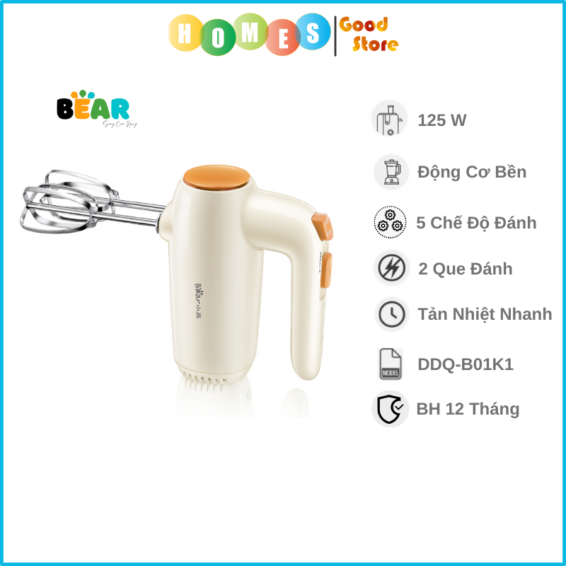 Máy Đánh Trứng Cầm Tay BEAR DDQ-B01K1 Kèm 2 Que Đánh Công Suất 125 W- Hàng Chính Hãng