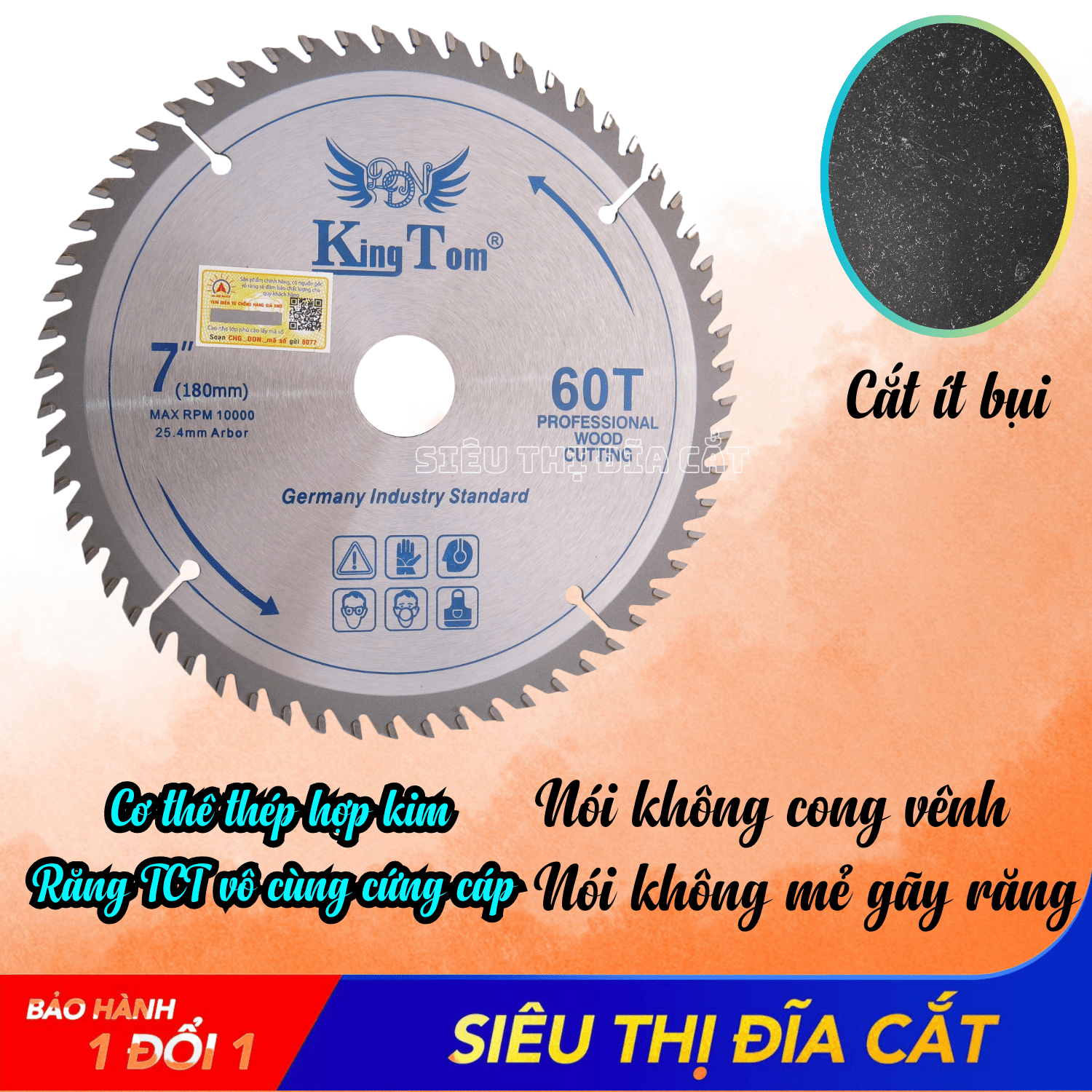 Lưỡi Cưa - Lưỡi Cắt Gỗ Cao Cấp 180-60 Răng KingTom - Chuyên Gỗ Cứng, Gỗ Có Đinh