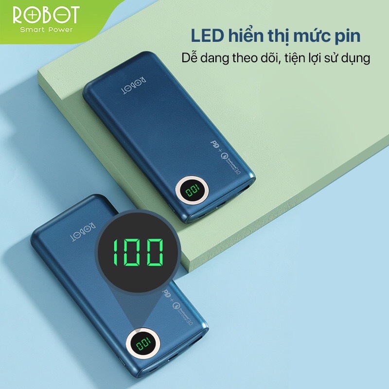 Pin Sạc Dự Phòng 10.000mAh ROBOT RT100Q - Chuẩn Sạc Nhanh PD/QC 3.0 18W, Đèn LED Hiển Thị Mức PIN - HÀNG CHÍNH HÃNG