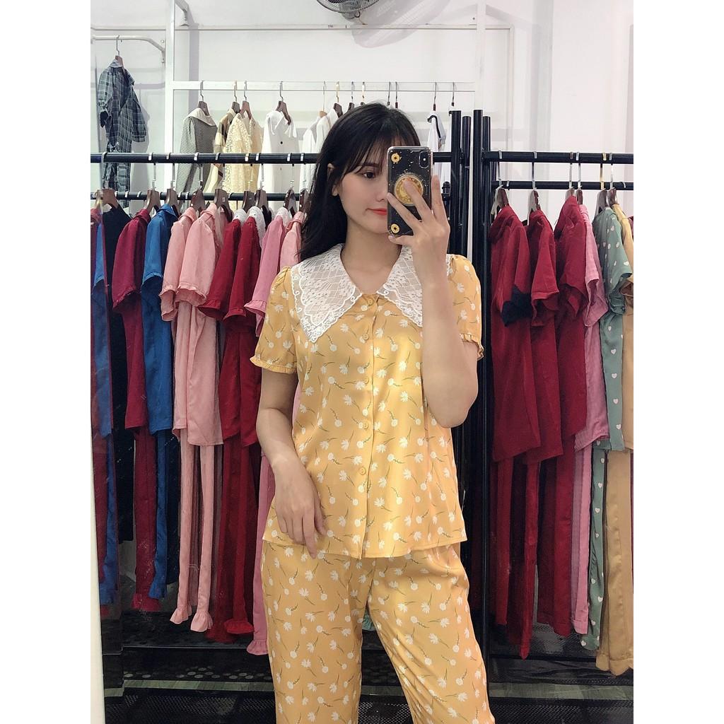 Bộ đồ PYJAMA Lụa mặc nhà_ Set áo cộc quần dài cổ ren tiểu thư nữ tính phối họa tiết hoa nhí dễ thương