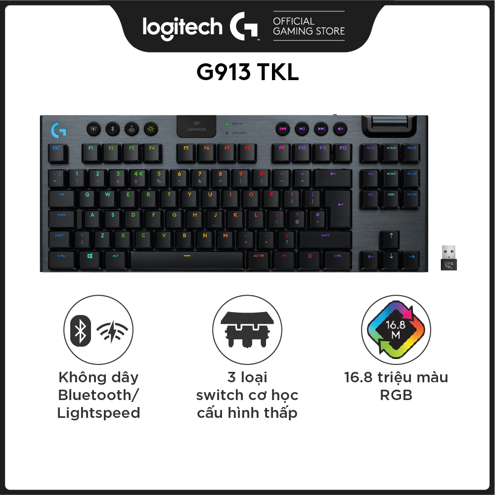 Bàn phím game cơ học không dây Lightspeed Logitech G913 TKL - Không phím số, 3 loại switch cấu hình thấp, Bluetooth/USB, RGB Lightsync - Hàng Chính Hãng