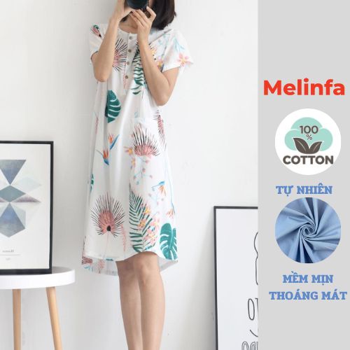 Váy đầm ngủ nữ mặc nhà, áo ngủ cúc đóng mở có túi chất liệu Cotton lụa tự nhiên thoáng mát mã VAV0389