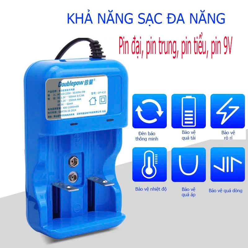 đèn Bộ SạcPin Đa Năng Doublepow AA-AAA, 9V, Pin Đại Cao Cấp Tự Ngắt Khi Đầy – An Toàn, Tiện Lợi