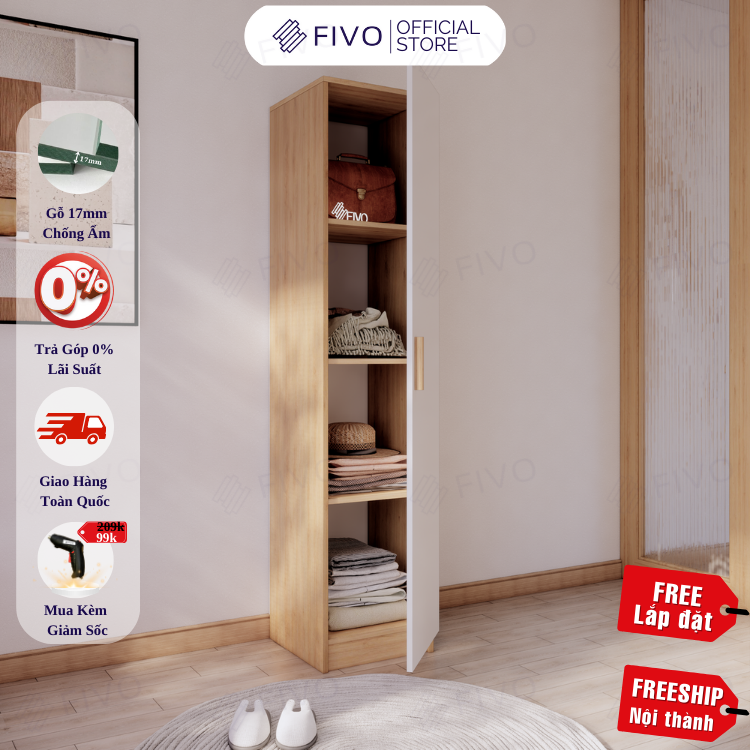 Tủ Quần Áo Gỗ Chống Ẩm Cao Cấp 1 Cửa FIVO FC06 Mẫu Mã Đa Dạng, Phù Hợp Cho Không Gian Nhà Nhỏ, Giá Rẻ - Màu Gỗ Trắng