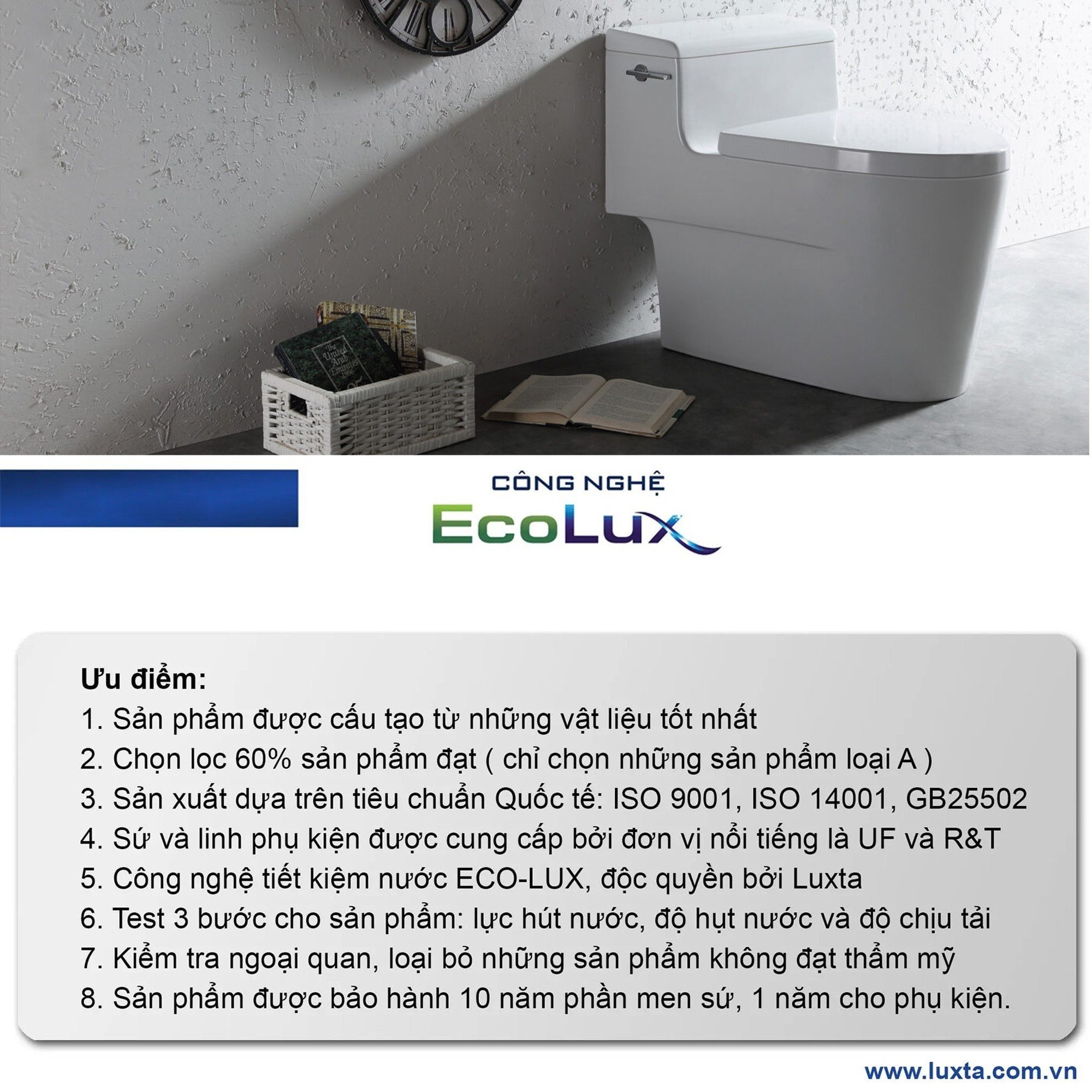 Bồn Cầu Chính Hãng LUXTA LT110 Công Nghệ Tiết Kiệm Nước ECO LUX