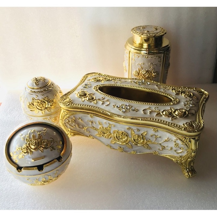 Bộ 4 món Hộp đựng giấy, Hộp đựng chè, Lọ tăm, Gạt tàn hợp kim hoạ tiết tân cổ điển