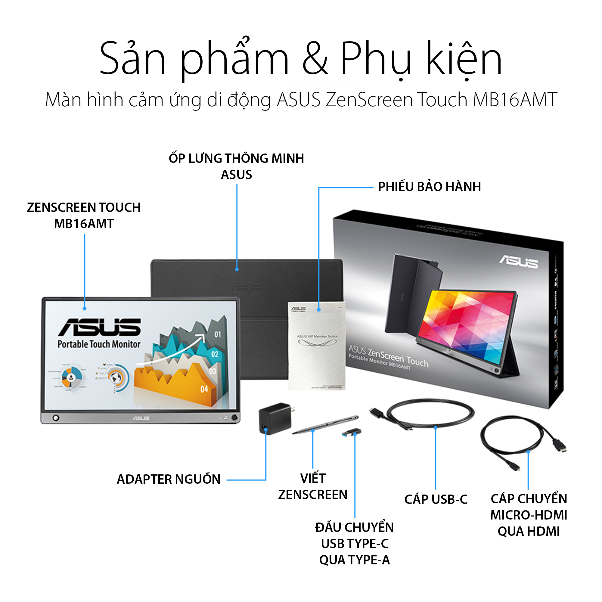 Màn Hình Di Động Cảm Ứng USB ASUS ZenScreen Touch MB16AMT 16 inch Full HD (1920 x 1080) 5ms 60Hz IPS USB Type-C Micro-HDMI Stereo Speakers 1W x 2 - Hàng Chính Hãng