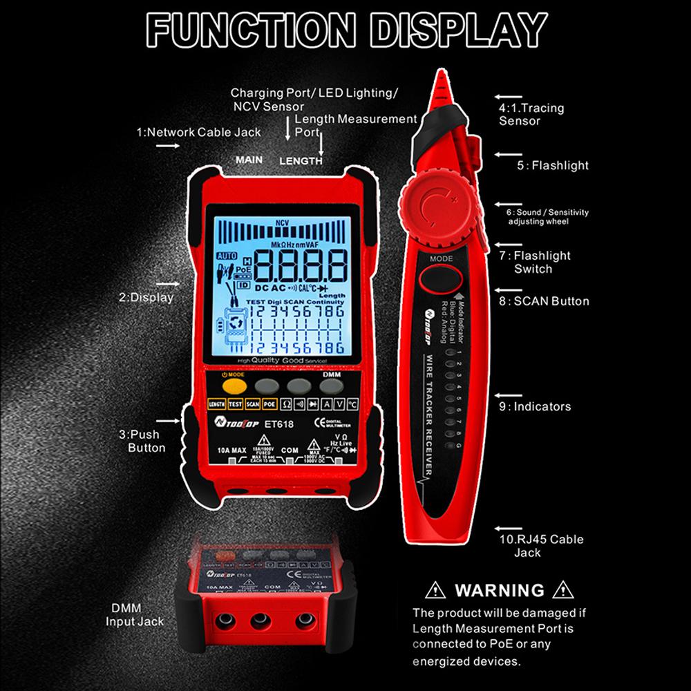 Handheld Portable 2in1 Network Cable Tester Multimeter LCD Display with Backlight Analogs Digital Search POE Test Cable Pairing Sensitivity Adjustable Network Cable Length Short Open Circuit Measure Trackers Multifunctional Cable Tester