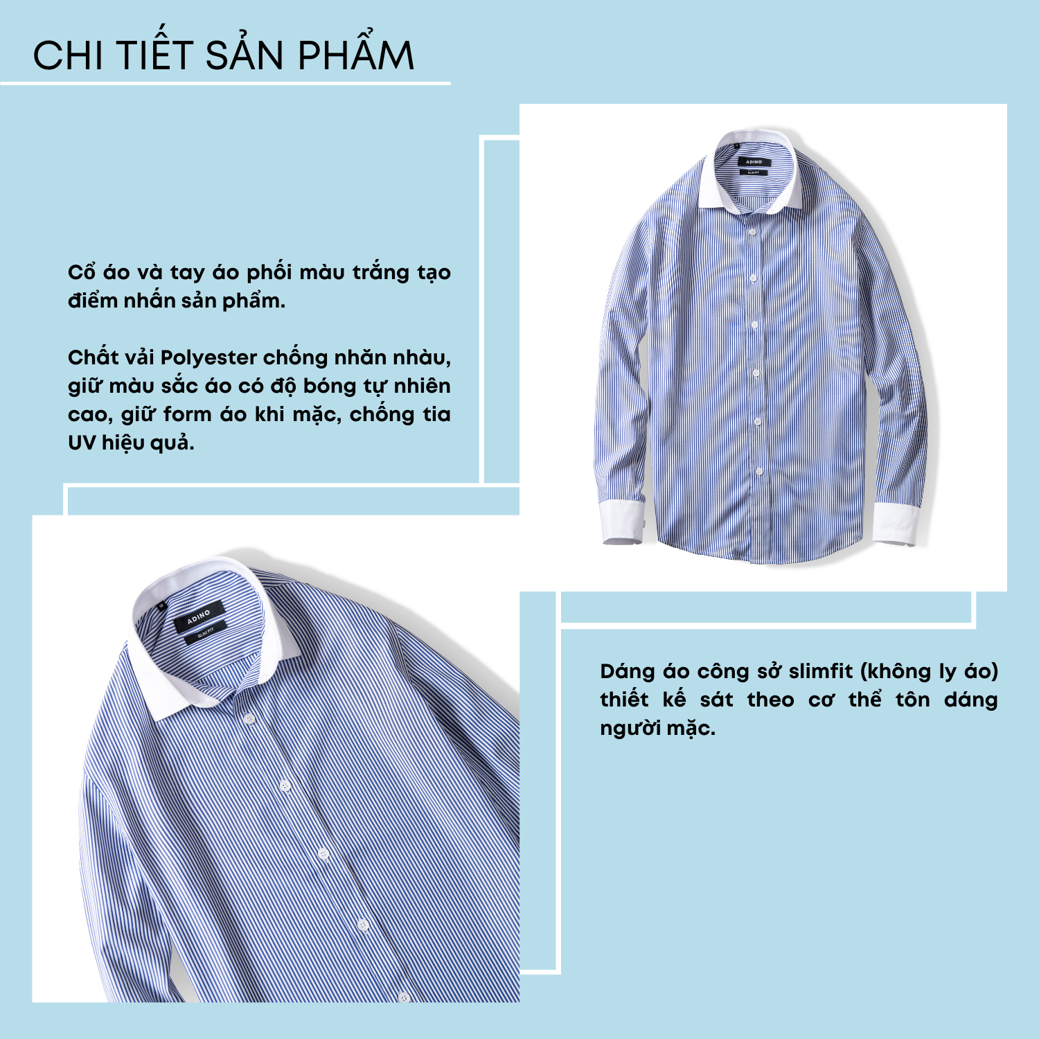 Hình ảnh Áo sơ mi nam ADINO màu xanh biển kẻ sọc phối cổ trắng vải sợi sồi Modal Polyester chống nhăn mềm mịn dáng công sở slimfit trẻ trung S215