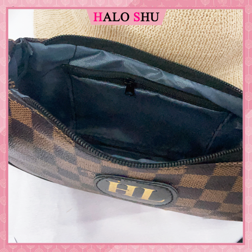 Túi xách nữ, túi đeo chéo nữ họa tiết ô vuông phối nâu giản dị size 22 dáng thể thao mã HL00