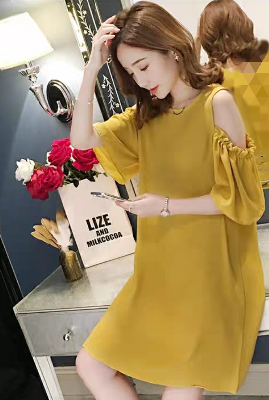 Đầm bầu công sở đầm suông đầm over size thời trang Hàn Quốc màu vàng dona21072302