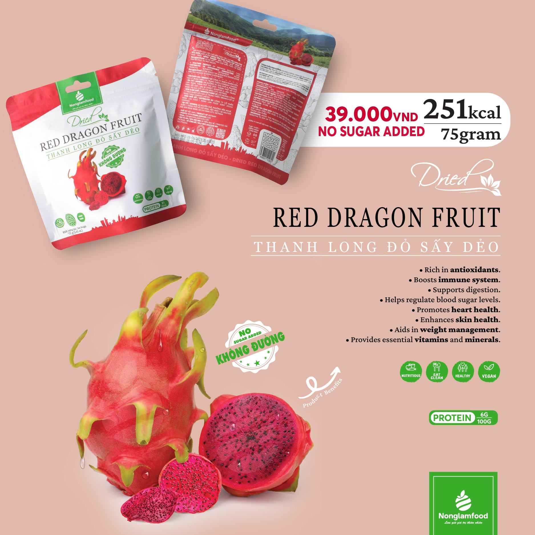 Combo 10 túi Thanh Long đỏ KHÔNG ĐƯỜNG sấy dẻo Nonglamfood túi 75g | Ăn vặt tốt cho sức khỏe | Healthy Snack | Ăn vặt văn phòng