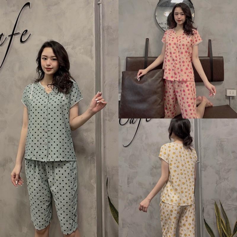 SET đồ mặc nhà Thô đũi mềm mát - Bộ cộc lửng hiện đại họa tiết chấm bi nhẹ nhàng trẻ trung phối viền ren siêu xinh