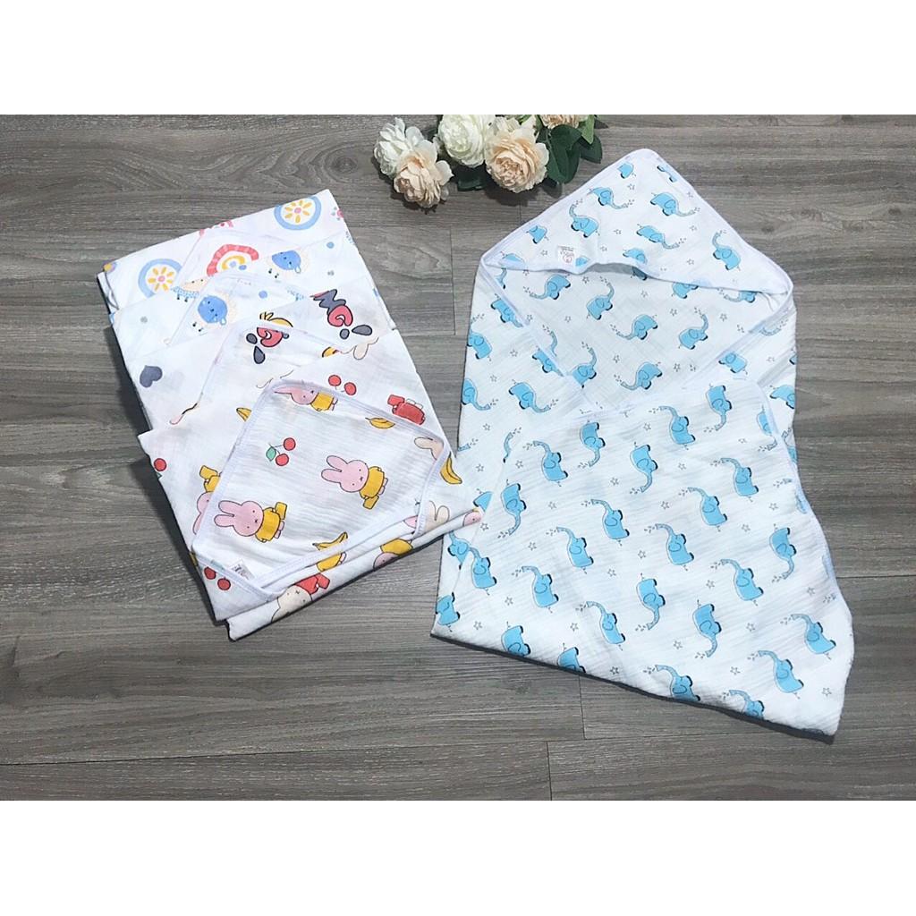 Chăn ủ có mũ 4 lớp nhăn WOOJY in hình 2 mặt cho bé