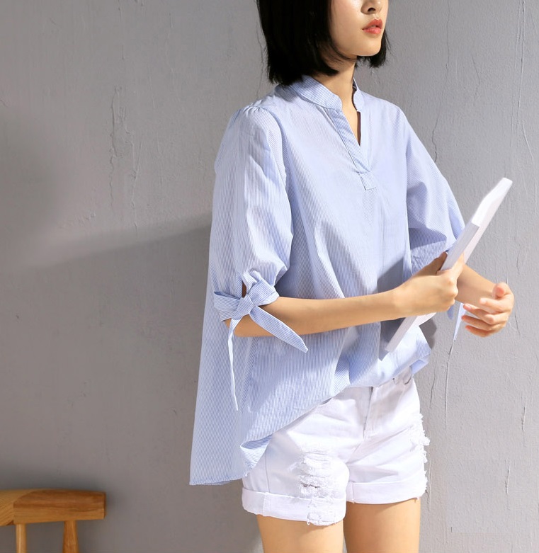 Áo sơ mi nữ Haint Boutique tay lỡ cổ chữ V hoạ tiết kẻ sọc thiết kế hợp thời trang sơmi nữ HB174