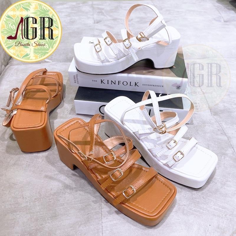 Sandal xuồng 3 quai khoá da mềm đế vuông 6 cm