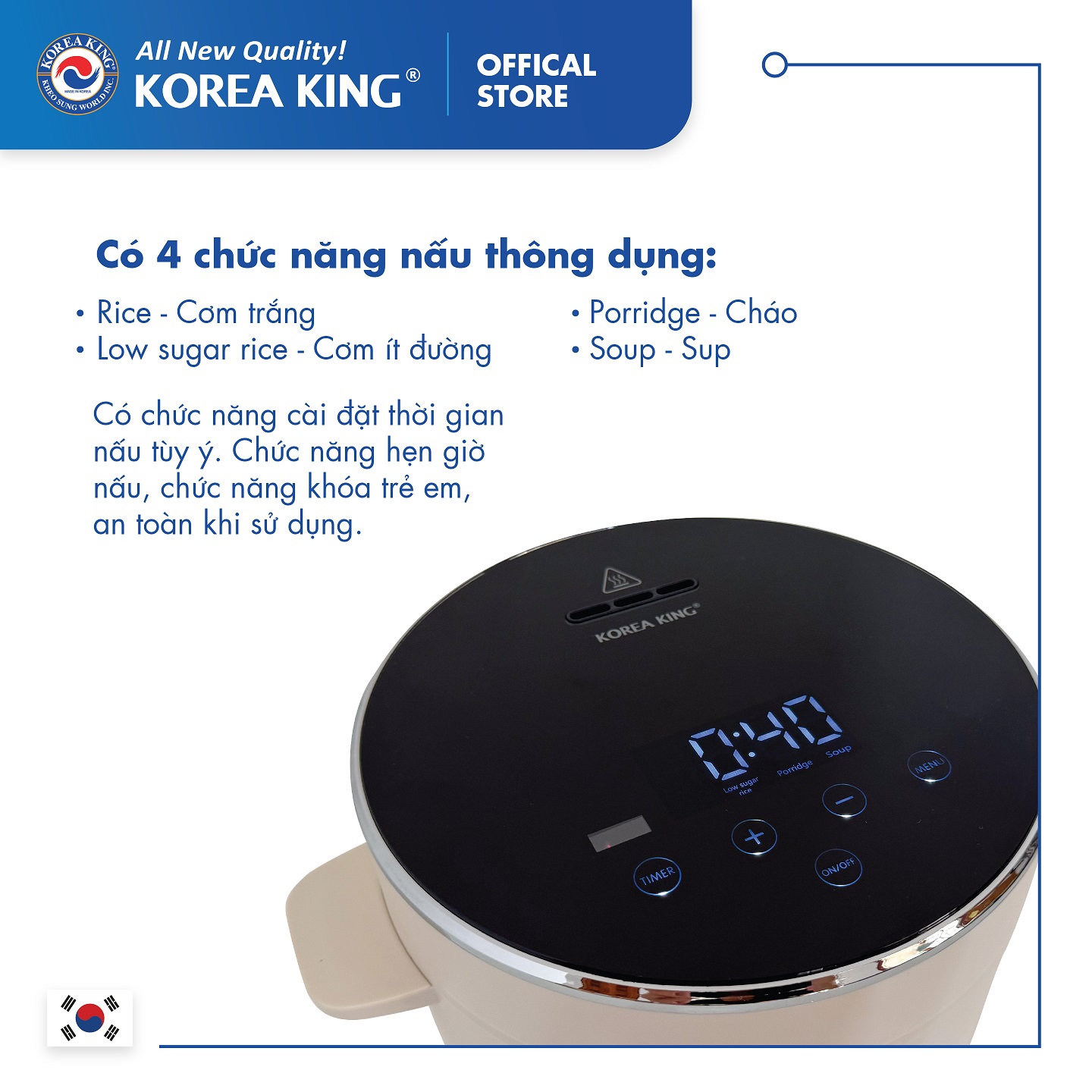 PRC-12SLJT_B Nồi cơm điện Korea King (có chức năng tách đường, dung tích 1.2L, công suất 400 W, mặt kính đen)-Hàng chính hãng