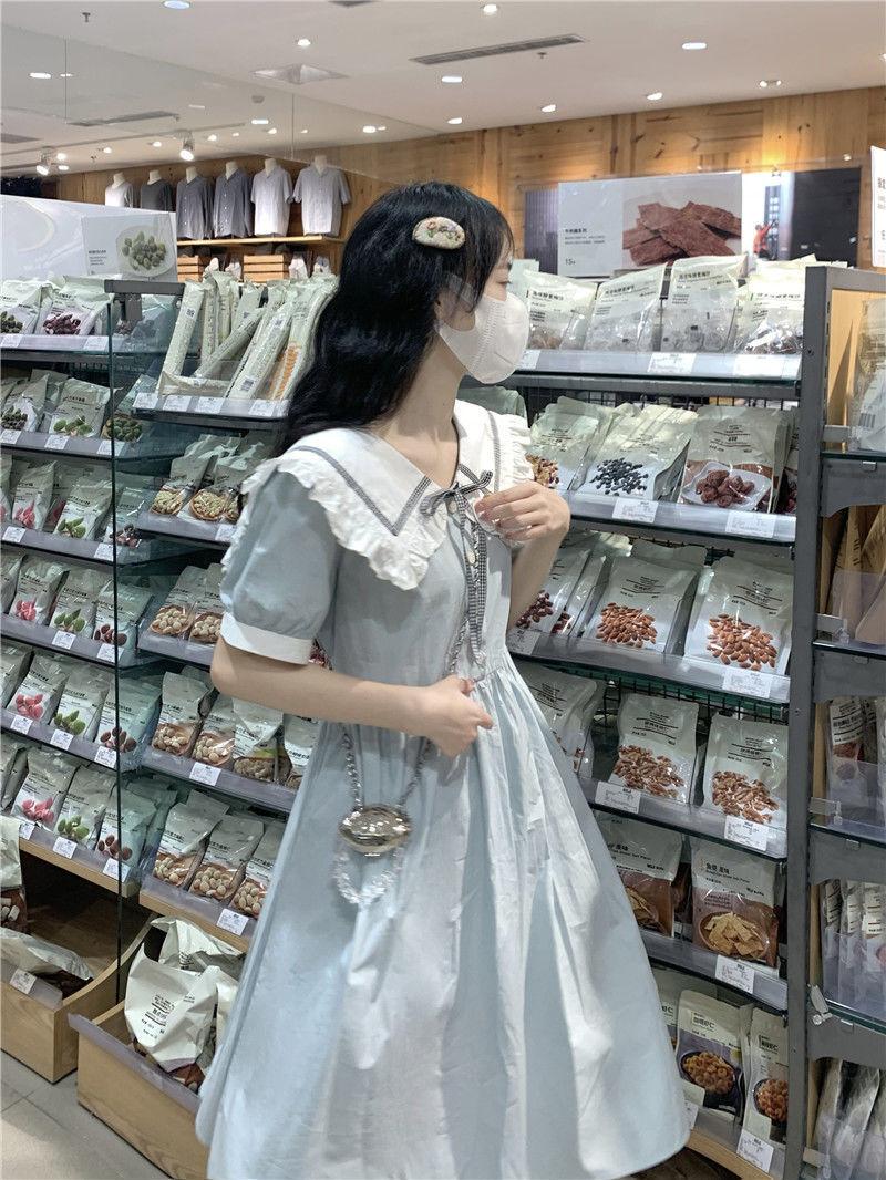 DIYIWEI Ngày hệ ngọt ngào dễ thương đại học gió búp bê cổ ngắn tay áo đầm mùa hè nhỏ giảm tuổi váy chữ a rộng thùng thình(@5