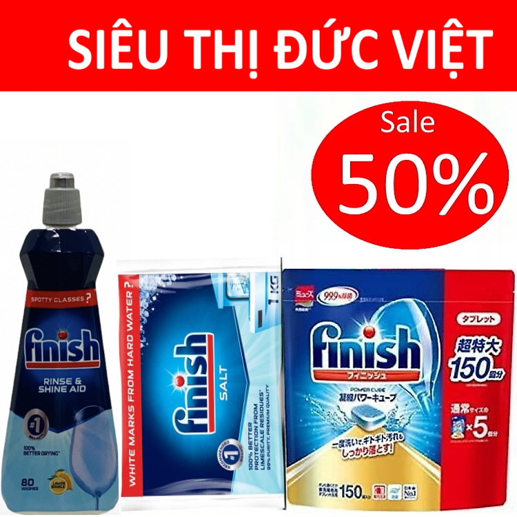 Combo Viên rửa bát Finish Nhật bản 150 viên + Muối rửa bát Finish 1kg + Nước làm bóng Finish 400ml trợ xả làm khô cho máy rửa bát