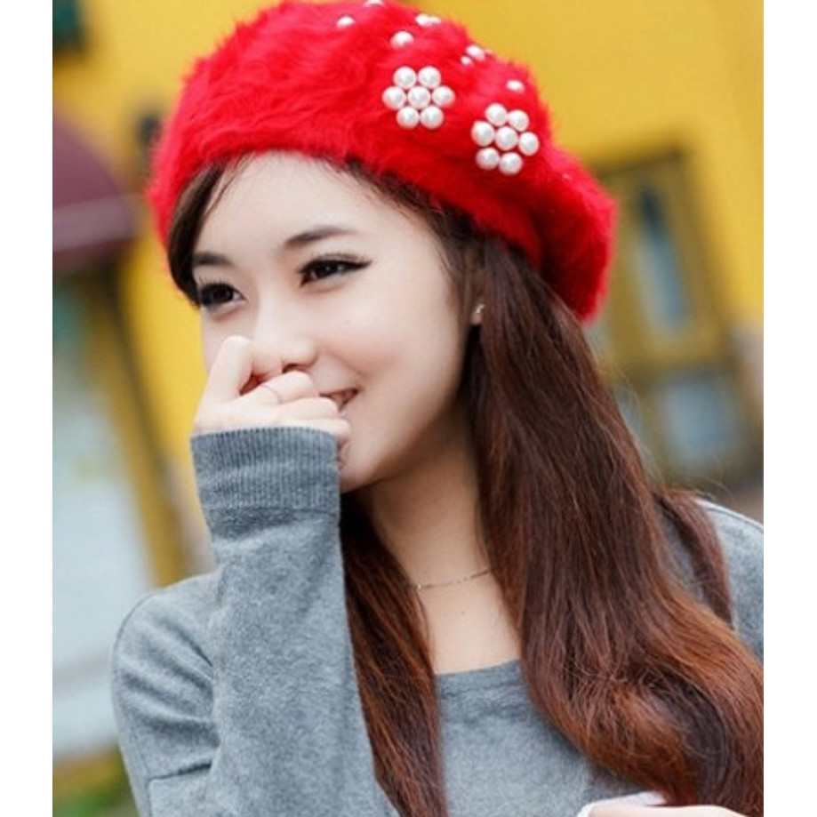 Nón mũ nồi nữ phong cách Hàn quốc cực kỳ dễ thương và sành điệu đính hạt giả ngọc trai siêu xinh