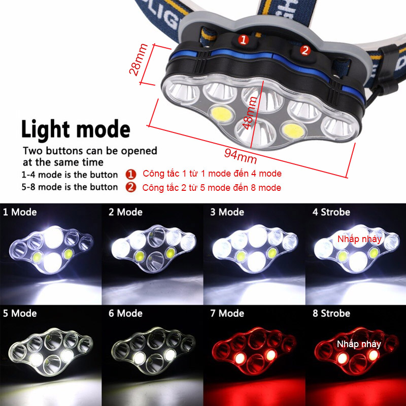 Đèn pin led đội đầu siêu sáng T076, 8 bóng led - kèm 2 pin sạc