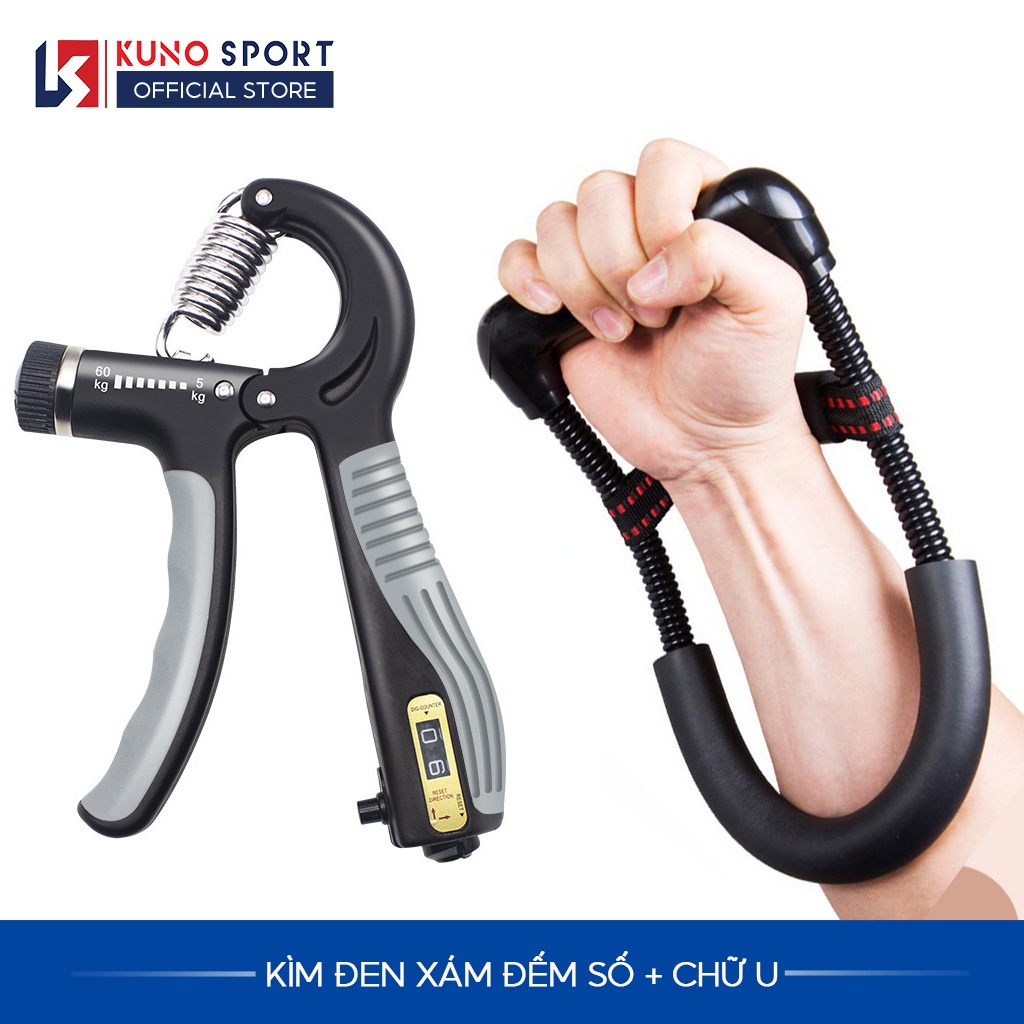 Combo dụng cụ tập cơ tay KUNO SPORT, kìm bóp tay chữ R có đếm số và dụng cụ tập tay chữ U