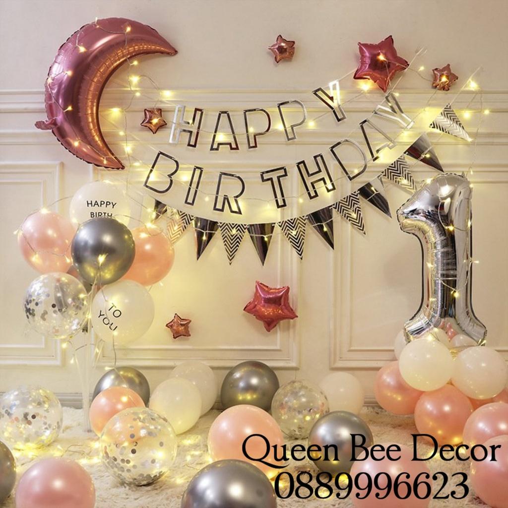 Bộ bong bóng trang trí sinh nhật cho bé tông màu hồng tặng bơm băng dính và số tuổi HQ029