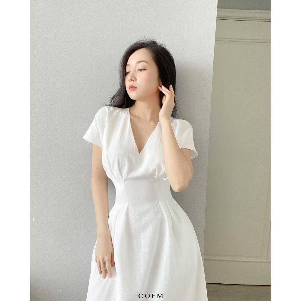 Đầm Midi Cổ Xẻ Chiết Eo Chất Liệu Linen Premium Màu Trắng CO EM Thiết Kế Thanh Lịch Nữ Tính Phù Hợp Công Sở Đi Tiệc